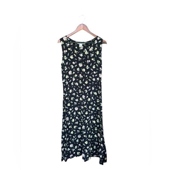 Vintage 90s Women’s Black Floral Rayon Sleeveless Midi Maxi Dress Sz Medium - Picture 1 of 5